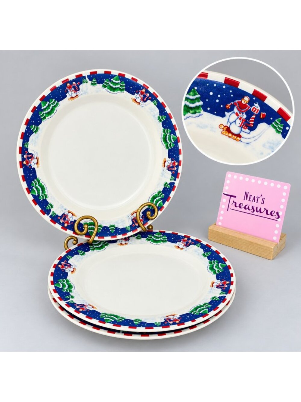 Oneida SLEIGH RIDE Red Checks Trees Stoneware Christmas Dinner Plates Set of 3